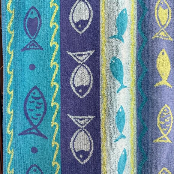 Vintage Cecil Saydah Beach Towel Go Fish Blue Green Cotton Retro Whimsical 34x63 - Picture 9 of 11